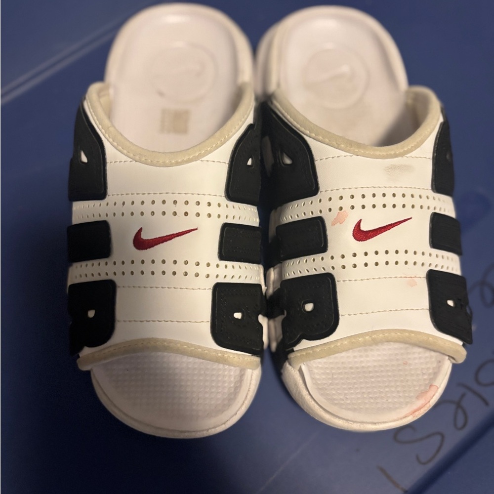 Nike Black and White Sandals with Red Accent size 5